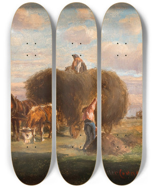 Triptych art skateboard deck of Ludwig Mllercornelius Haymaking by Ludwig Mller-Cornelius (1864-1946)