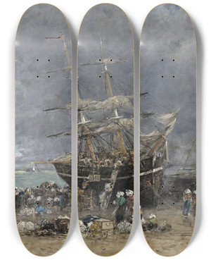 Triptych art skateboard deck of Eugne Boudin Return Of The Terreneuvier by Eugene Boudin (1824-1898)