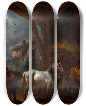 Triptych art skateboard deck of Philips Wouwerman The Stable by Philips Wouwerman (1619-1668)