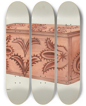 Triptych art skateboard deck of Majel G Claflin Box by Majel G Claflin (1893-1941)