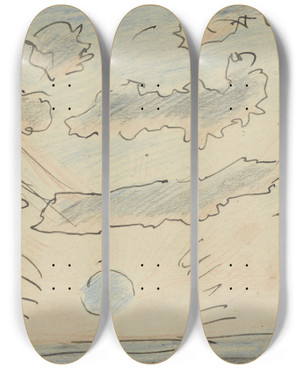 Triptych art skateboard deck of Adolf Le Comte Wolkenstudie Met Zon by Adolf Le Comte (1850-1921)