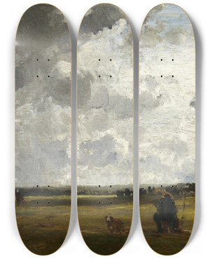 Triptych art skateboard deck of Constant Troyon Landscape With Painter At Easel by Constant Troyon (1810-1865)