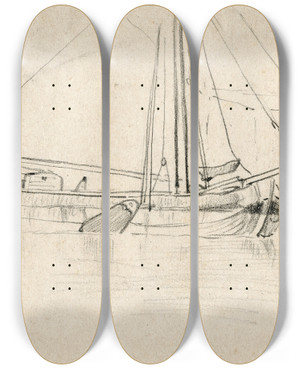 Triptych art skateboard deck of Adolf Le Comte Bij Kade Aangemeerde Boot by Adolf Le Comte (1850-1921)