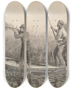 Triptych art skateboard deck of Thomas Eakins Study For Rail Shooting From Apunt by Thomas Eakins (1844-1916)