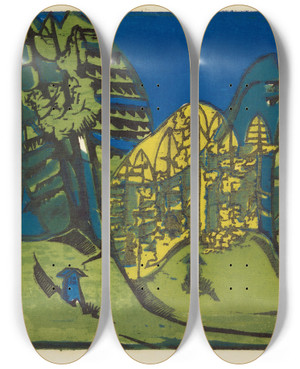 Triptych art skateboard deck of Ernst Ludwig Kirchner Waldfriedhof by Ernst Ludwig Kirchner (1880-1938)