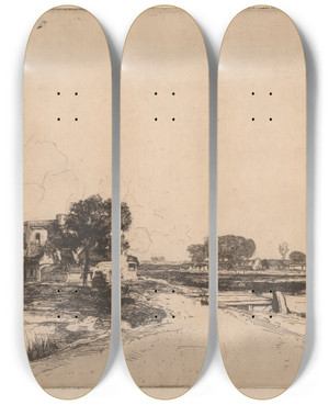 Triptych art skateboard deck of David Young Cameron A Border Town by David Young Cameron (1865-1945)