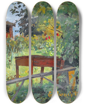 Triptych art skateboard deck of Edvard Munch Garden With Red House by Edvard Munch (1863-1944)