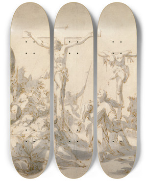 Triptych art skateboard deck of Hans Von Aachen The Crucifixions by Hans Von Aachen (1552-1615)