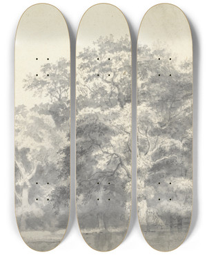 Triptych art skateboard deck of Thomas Wijck Trees On A River Bank by Thomas Wijck (1616-1677)