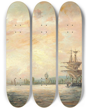 Triptych art skateboard deck of Johan Barthold Jongkind La Seine Prs De Rouen by Johan Barthold Jongkind (1819-1891)