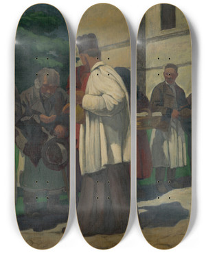 Triptych art skateboard deck of Jozef Hanula Alms by Jozef Hanula (1863-1944)