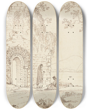 Triptych art skateboard deck of Thomas Hastings Innisfallen Abbey 4 September 1841 by Thomas Hastings (1778-1854)