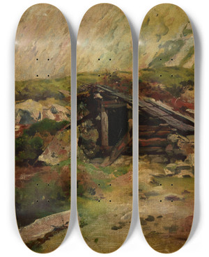 Triptych art skateboard deck of Aleksander Mroczkowski Hut In The Tatra Mountains by Aleksander Mroczkowski (1850-1927)