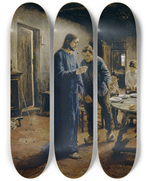 Triptych art skateboard deck of Fritz Von Uhde The Mealtime Prayer by Fritz Von Uhde (1848-1911)
