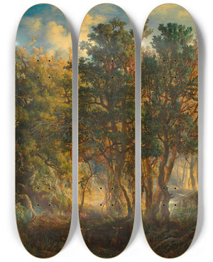 Triptych art skateboard deck of Josef Selleny Australischer Urwald by Joseph Selleny (1824-1875)