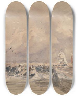 Triptych art skateboard deck of David Cox Dieppe Pier Stiff Breeze by David Cox (1783-1859)