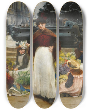 Triptych art skateboard deck of Benjamin Evans Ward Flower Girls Piccadilly Circus by Benjamin Evans Ward (1857-1933)