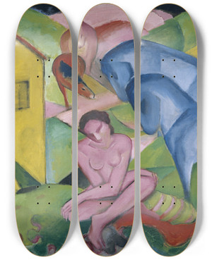 Triptych art skateboard deck of Franz Marc The Dream by Franz Marc (1880-1916)