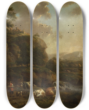 Triptych art skateboard deck of Henricus Josephus Antonissen Mountain Landscape With Shepherds_1 by Henricus Josephus Antonissen (1737-1794)