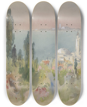 Triptych art skateboard deck of Hercules Brabazon Brabazon Lake Scene by Hercules Brabazon Brabazon (1821-1906)