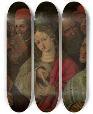 Triptych art skateboard deck of Hans Hoffmann Christ Among The Doctors by Hans Hoffmann (1545-1592)