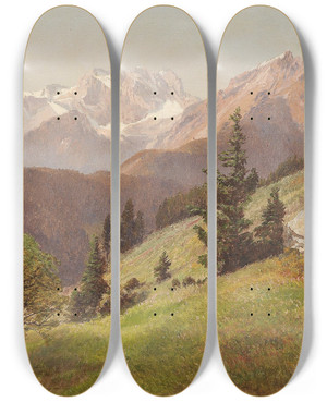 Triptych art skateboard deck of Konrad Petrides Mountain Landscape_1 by Konrad Petrides (1864-1943)