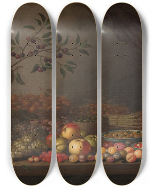 Triptych art skateboard deck of Floris Van Schooten Fruit Basket by Floris Van Schooten (1590-1655)