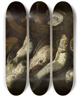 Triptych art skateboard deck of Abraham Van Beijeren Fish_1 by Abraham Van Beyeren (1620-1690)