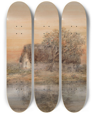 Triptych art skateboard deck of Alexander Schaepkens Farm With Tree by Alexander Schaepkens (1815-1899)
