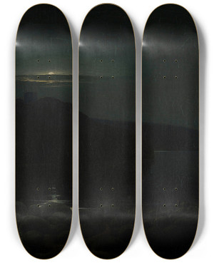 Triptych art skateboard deck of Holger Drachmann Hammershus In The Moonlight by Holger Drachmann (1846-1908)