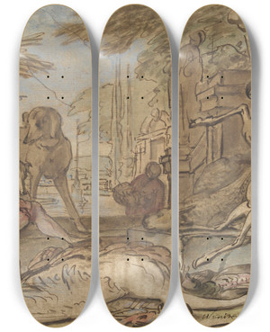 Triptych art skateboard deck of Jan Weenix Stilleven Van Wild by Jan Weenix (1641-1719)