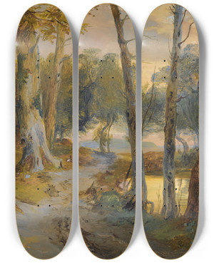 Triptych art skateboard deck of Carl Blechen Wald Mit Kleinem Weiher Forest Interior With Pond by Carl Blechen (1798-1840)