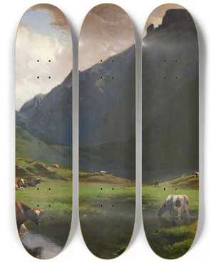 Triptych art skateboard deck of Albert De Meuron Alpine Landscape With Cows And Goats by Albert de Meuron (1823-1897)