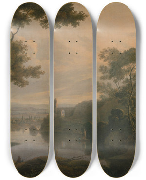 Triptych art skateboard deck of George Barret River Landscape by George Barret (1767-1842)