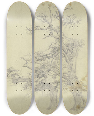 Triptych art skateboard deck of Jakob Becker Two Old Trees by Jakob Becker (1810-1872)