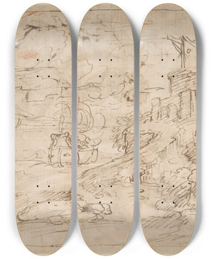 Triptych art skateboard deck of Giuseppe Passeri Figure Waving To Departing Ship by Giuseppe Passeri (1654-1714)