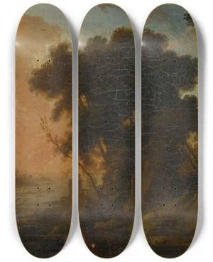 Triptych art skateboard deck of Pierre Antoine Patel The Younger Landscape With Hermit by Pierre Antoine Patel The Younger (1648-1707)