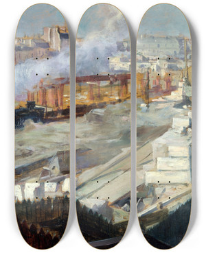 Triptych art skateboard deck of Victor Marec Les Travaux De La Nouvelle Gare Dorlans by Victor Marec (1862-1920)