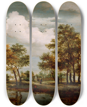 Triptych art skateboard deck of Meindert Hobbema A River Scene by Meindert Hobbema (1638-1709)