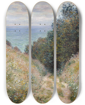 Triptych art skateboard deck of Claude Monet Road At La Cave Pourville by Claude Monet (1840-1926)