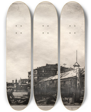 Triptych art skateboard deck of Frank Wilcox Waterfront by Frank Wilcox (1887-1964)
