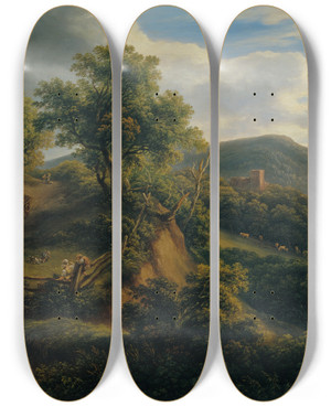 Triptych art skateboard deck of Joseph Mssmer Waldige Berglandschaft Mit Ruine by Joseph Mossmer (1780-1845)