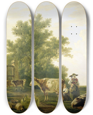 Triptych art skateboard deck of Jacob Van Strij Milking Time by Jacob Van Strij (1756-1815)