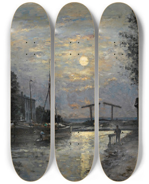 Triptych art skateboard deck of Stanislas Lpine Le Canal Saint Denis Effet De Lune by Stanislas Lepine (1835-1892)