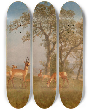 Triptych art skateboard deck of Albert Bierstadt Grazing Antelope by Albert Bierstadt (1830-1902)