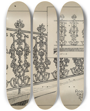 Triptych art skateboard deck of Thomas Byrne Cast Iron Balcony by Thomas Byrne