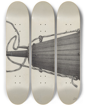 Triptych art skateboard deck of Aaron Fastovsky Powder Flask by Aaron Fastovsky