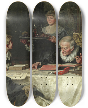Triptych art skateboard deck of Fritz Freund The Thirsty Tutor by Fritz Freund (1859-1942)