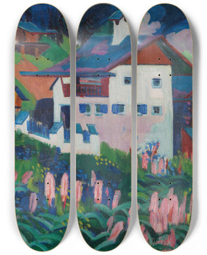 Triptych art skateboard deck of Ernst Ludwig Kirchner Unser Haus by Ernst Ludwig Kirchner (1880-1938)