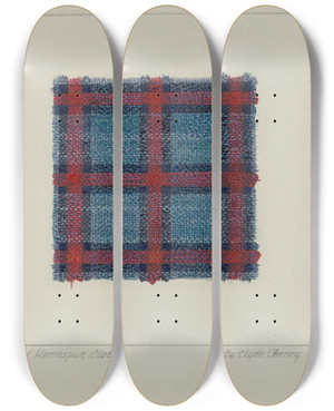 Triptych art skateboard deck of Clyde L Cheney Plaid Homespun Cloth by Clyde L Cheney